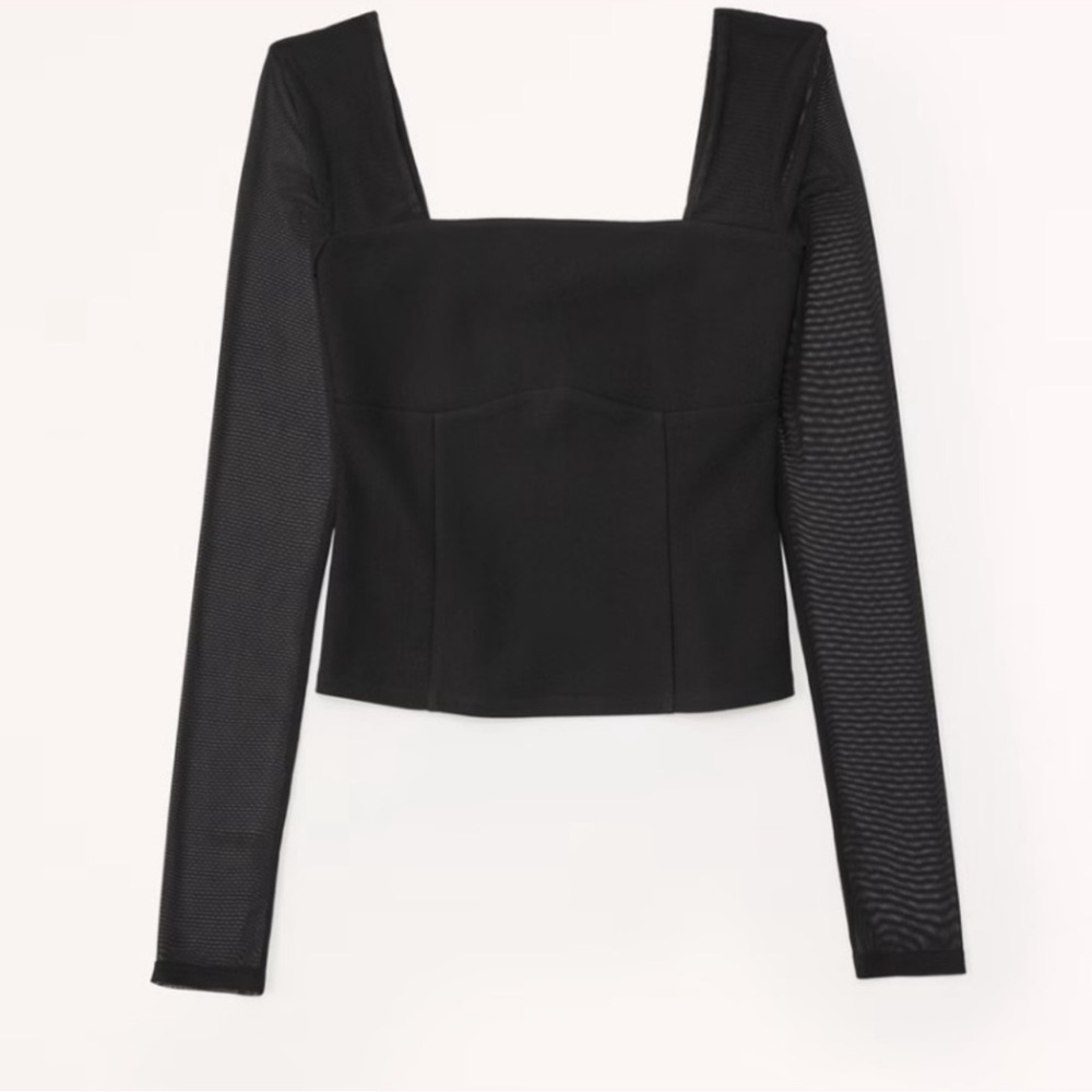 NWT Abercrombie and Fitch Black Mesh Long sleeve square neck crepe top XL